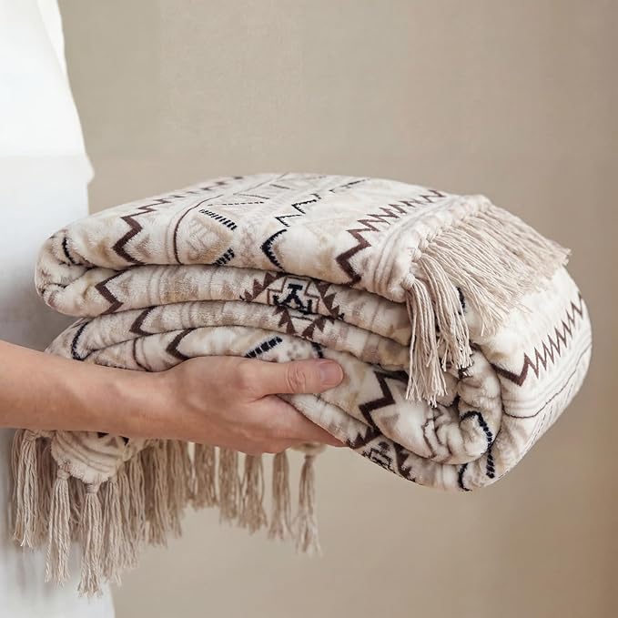 CASAAGUSTO Boho Throw Blanket - Beige and Gray Decorative Blankets with Tassel, Printed Flannel Bohemian Blanket for Chair, Bed, Sofa, Couch(50 * 60, Beige and Gray)