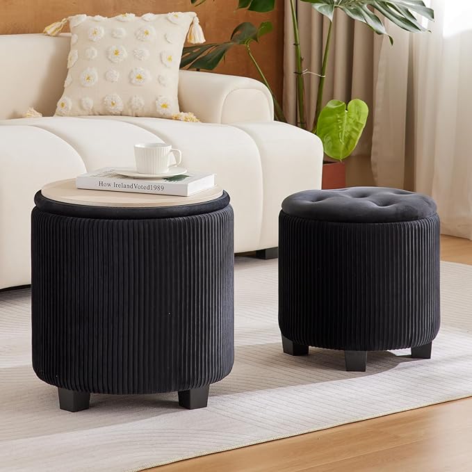 Big Round Ottoman with Storage Set of 2-Upholstered Velvet Vanity Stool for Makeup Multifunctional Foot Rest Coffee Table Padded Seat Tufted Ottomans for Living Room&Bedroom (Big Black)