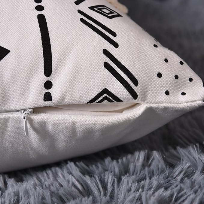 Tosewever Boho Geometric Throw Pillow Covers 18 x 18 Set of 4, Modern Stripe Farmhouse Decorative Faux Leather Cotton Pillowcase for Bedroom Living Room Couch Bed Sofa Home (Black/White, 18" x 18")