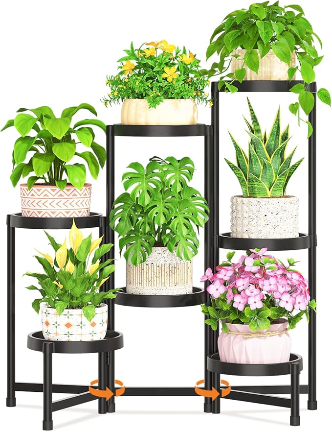 LASZOLA 7 Tiered Plant Stand Indoor Outdoor with Plastic Tray, Corner Folding Tall Flower Display Rack, Modern Plant Holder Shelf for Outdoor Patio Porch Garden Office Living Room, Black