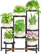 LASZOLA 7 Tiered Plant Stand Indoor Outdoor with Plastic Tray, Corner Folding Tall Flower Display Rack, Modern Plant Holder Shelf for Outdoor Patio Porch Garden Office Living Room, Black