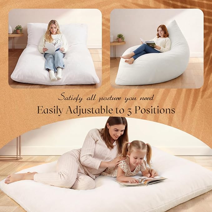 Honeydak 3 in 1 Giant Bean Bag Chair Cover Only (No Filler) Convertible Bean Bag Lazy Floor Sofa Cover Without Filling Washable Versatile Stuffed Animal Storage for Bedroom (Creamy White,Milk Velvet)