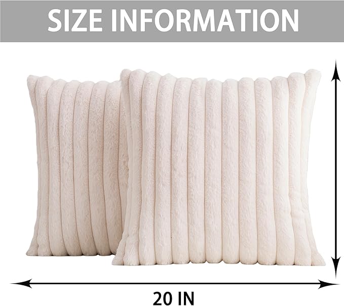 Pack of 2 Faux Fur Christmas Throw Pillow Covers 20x20 Inch, Soft Plush Striped Neutral Couch Pillow Cover, with Velvet Back Modern Home Decor for Sofa Living Room Couch Bed Cream White