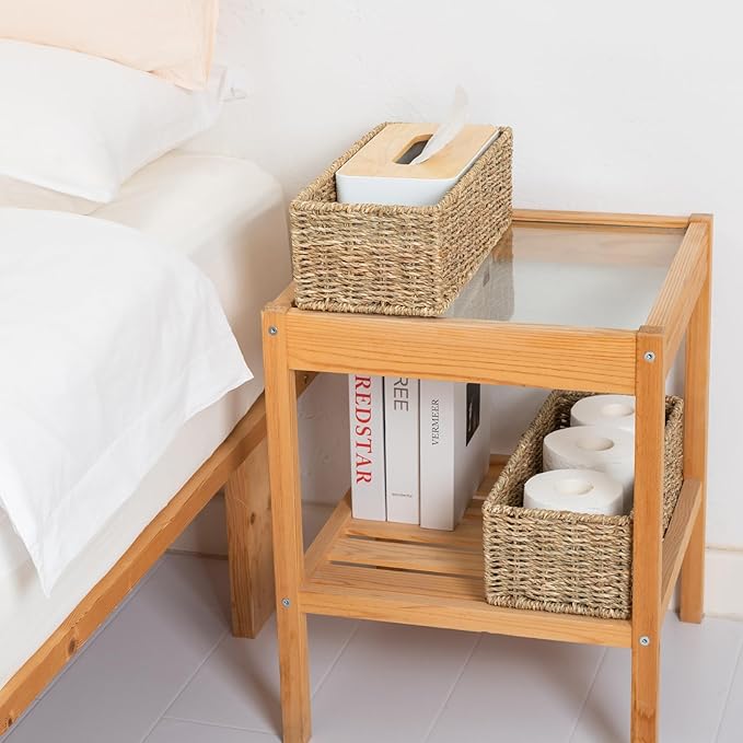 Small Wicker Baskets 2 Pack, Hand Woven Toilet Basket Tank Topper, Toilet Tank Basket for Bathroom Organizing, Seagrass Storage Baskets for Toilet Paper (14.4"Lx6.1"Wx4.4"H)