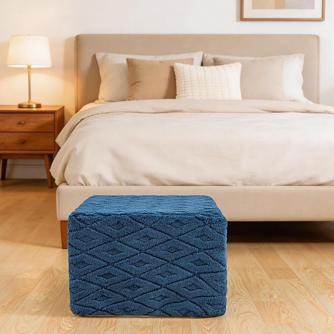 Fluffy Square Ottoman Pouf with All-in-One Foam Filling 20 x 14 Inches Furry Ottoman Foot Rest Foot Stool for Living Room or Bedroom (Navy)