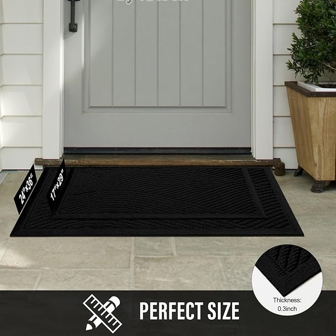 Sturdy Front Door Mat, Absorbent Muddy Dirt Resist Welcome Door Mats Outdoor Indoor, Stain and Fade Resistant, Non-Slip Backing Entry Mat Low Profile Doormat for Entryway, 29×17, Black