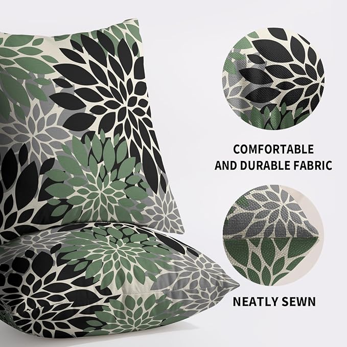 Black Sage Green Pillow Covers 24X24 Inch Set of 2, Spring Summer Floral Dahlia Flower Cream Decorative Throw Pillow Covers Outdoor Modern Farmhouse Cushion Case for Home Couch Sofa Bed Decor