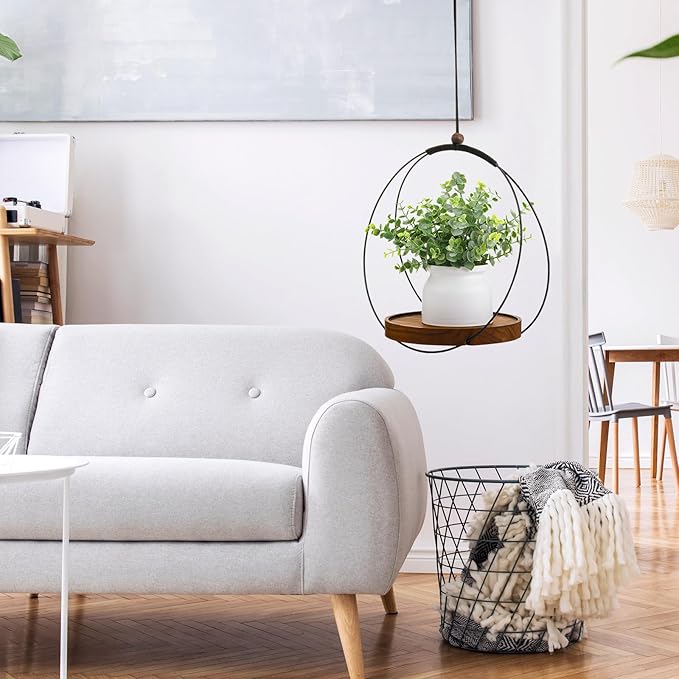 1 Pack Hanging Planters for Indoor Black Plant Hanger with Round Wood Base Large Indoor Hanging Plant Shelf Boho Holder Gift for Mom,housewarming (7.9 '',Round)