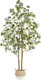 Artificial Eucalyptus Tree, 5ft Tall Fake Eucalyptus Plant with Woven Basket, 60'' Silk Leaves Faux Tree for Indoor Home Office Livingroom Garden Floor Décor