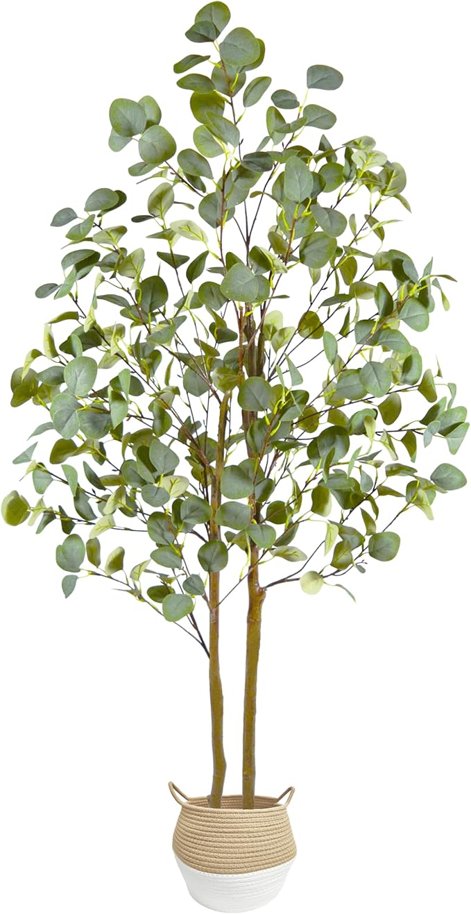 Artificial Eucalyptus Tree, 5ft Tall Fake Eucalyptus Plant with Woven Basket, 60'' Silk Leaves Faux Tree for Indoor Home Office Livingroom Garden Floor Décor