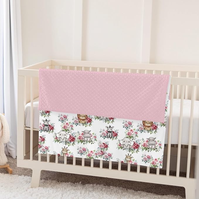 Cute Jungle Safari Animals Roses Leaves Baby Blankets for Girl Boy Lion Giraffe Elephant Zebra Soft Mink Dotted Backing Double Layer Swaddle Blanket Bed Throw for Newborn Infant Toddler Nursery 30x40