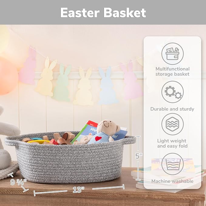 CHICVITA Decorative Gift Basket, Easter Basket for Kids, Woven Rope Storage Baskets with Handles, Nursery Baby Shower Toy Organizer, Grey, 13 x 9.8 x 5 inches