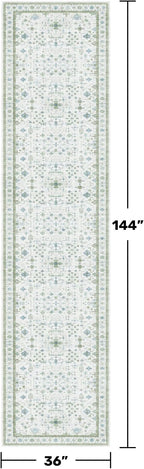 Oushak 3x12 Wide Hallway Runner Rug - Vintage Turkish Floral, Washable Low Pile Non Slip 12ft Long Runners for Large Kitchen, Hall Way - Light Blue and Green