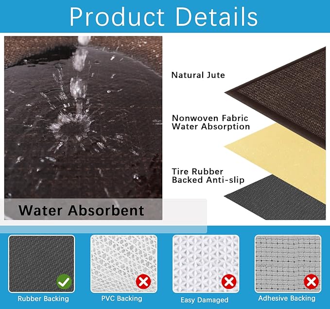 8ft Natural Jute Hallway Runner Rug Non Slip Washable, Rubber Backed Long Indoor Entryway Runner, Absorbent Kitchen Carpet Sink Rug, Deep Brown
