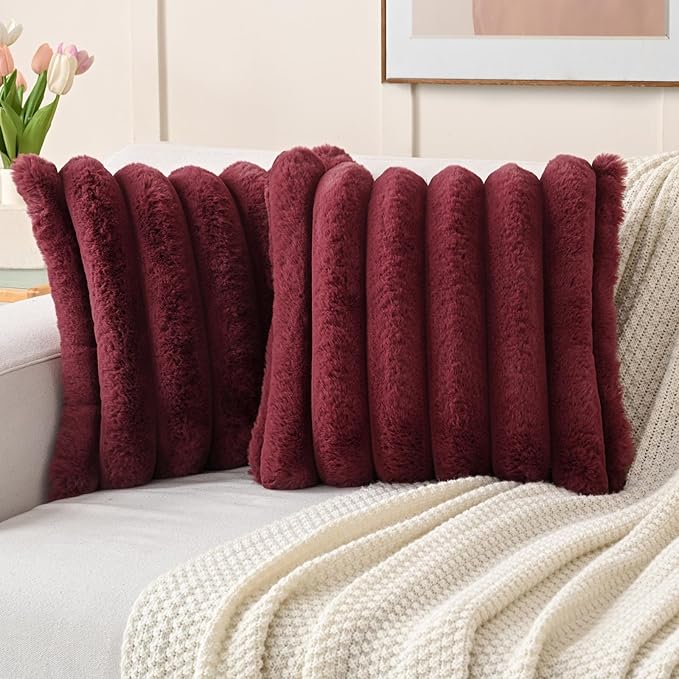 FUTEI Burgundy Decorative Throw Pillow Covers 18x18 Inch Set of 2, Square Soft Faux Rabbit Fur Thick Striped Cushion Cover,Spring Home Decor for Couch Bed Living Room