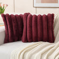 FUTEI Burgundy Decorative Throw Pillow Covers 26x26 Inch Set of 2, Square Soft Faux Rabbit Fur Thick Striped Euro Pillow Shams,Spring Home Decor for Couch Bed Living Room