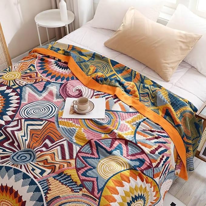 Boho Blanket for Bed 100% Cotton Bohemian Throw Blankets Ultra Soft Woven Muslin Decorative Blankets All Seasons Vintage Quilt Knitted Blanket for Sofa Chair (Colorful, 90"x98")