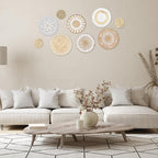 MJOGGOTT 9 Pcs Boho Wall Basket Decor Hanging Woven Wall Basket Art Decor Rattan Wicker Seagrass Home Round Tassels White Macrame Tapestry Baskets Decoration for Kitchen Home Farmhouse Decoration