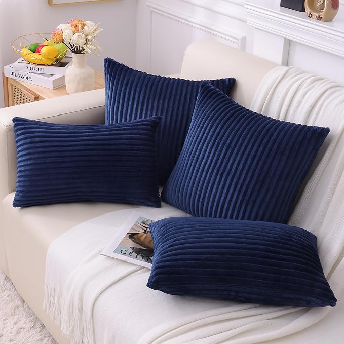 Simmore Decorative Spring Throw Pillow Covers 16x16 Set of 2, Soft Natural Plush Flannel Double-Sided Fluffy Couch Pillow Covers for Sofa Living Room, Navy Blue