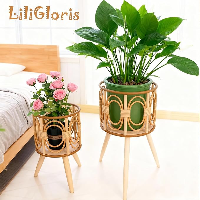 Boho Rattan Plant Stand Indoor Outdoor - 2 Rattan Wicker Planter Shelf for Multiple Plants, Mid Century Modern Wooden Flower Pot Holder with Stand, Farmhouse Home Decor for Living Room