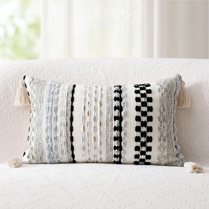 Kevin Textile Spring 12x24 Inch Lumbar Throw Pillow Cover 1 Pack Boho Decorative Soft Chenille Thread Woven Tufted Textured Rectangle Cushion Case Accent for Living Room Couch Sofa Bed, Black