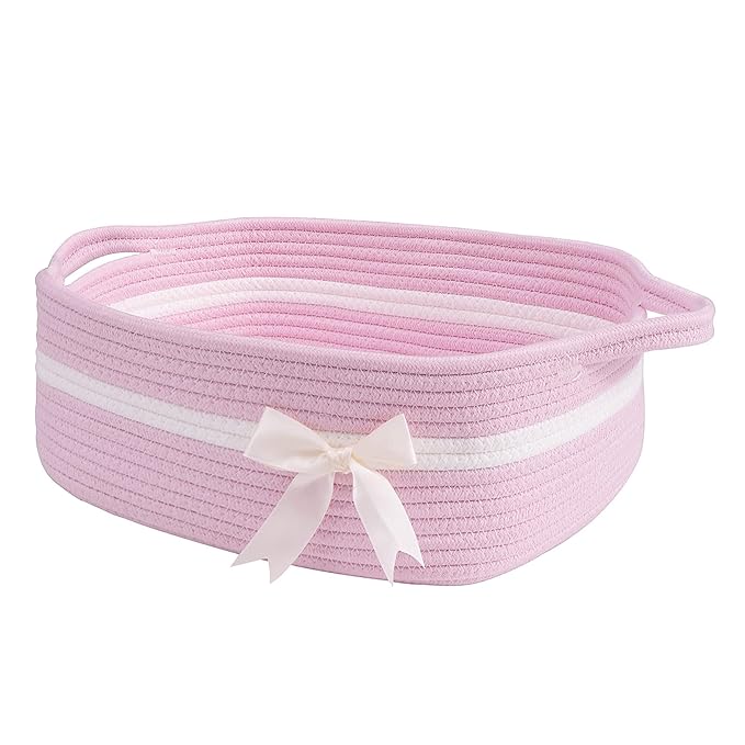 CHICVITA Pink Baby Girl Gift Basket, Small Woven Rope Basket, Rectangle Shelf Baskets for Bathroom, Cute Nursery Storage Baskets for Toys, Diapers, Towels, Snacks, 13 x 9.8 x 5 inches