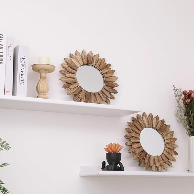 LOSOUR 2 Pack Boho Wall Decor Sunburst Mirror 12 inch Rustic Round Wood Mirror Boho Mirror Farmhouse Wall Decor for Bedroom Living Room Entryway