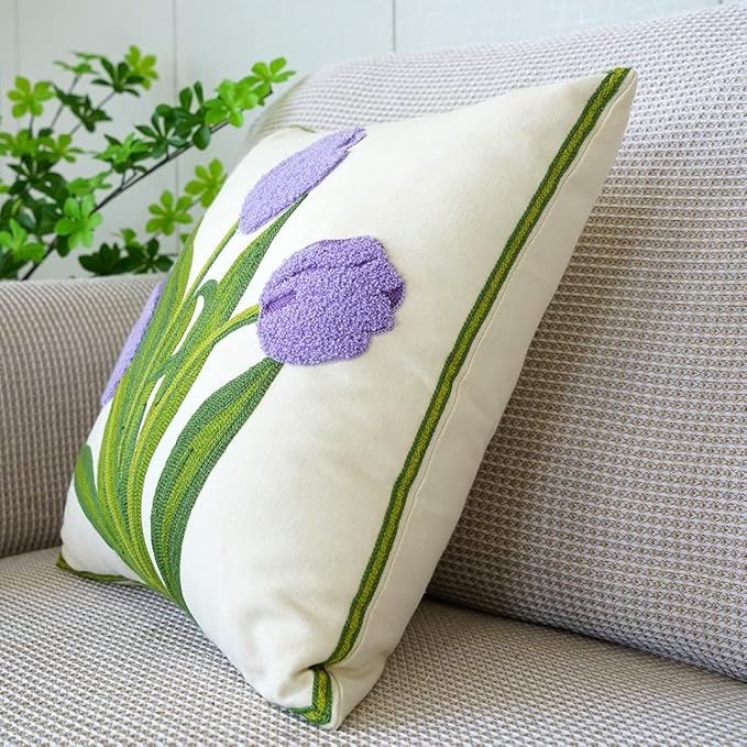vctops Farmhouse Tulip Cotton Tufted Throw Pillow Cover Spring Floral Embroidery Pillowcase Soft Square Cushion Case for Sofa Couch Bed Chair (Purple,18"x18")