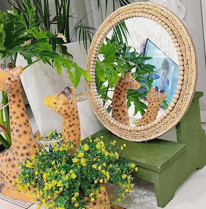 OYPEIP 20”Large Nature Rattan Boho Innovative Art Decoration Round Makeup Mirror Dressing Bedroom Bathroom Wall Mounted Hanging Mirrors Craft Photo Props…
