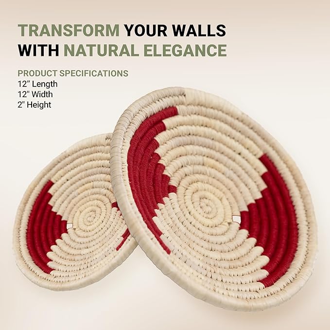 Wicker Village | Handmade Woven Wall Basket Décor | Boho Wall Art | Hanging Accent Rustic Natural Sabai Grass | Red and Beige | 12" L x 12" W x 2" H