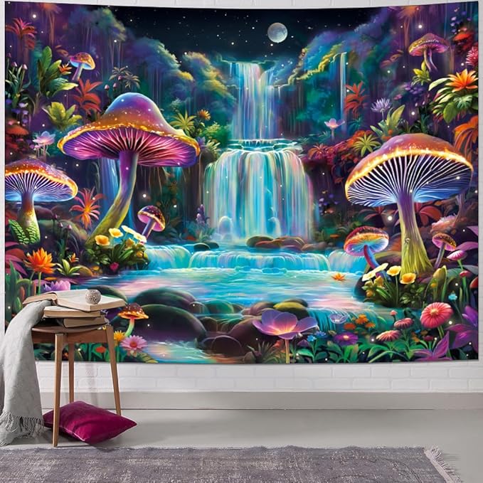 Dermijer Blacklight Tapestry Fantasy Mushroom Forest Tapestry UV Reactive Waterfall Tapestries Moon Night Neon Flower Landscape Tapestries Wall Hanging for Home Decor L59.1×W51.2