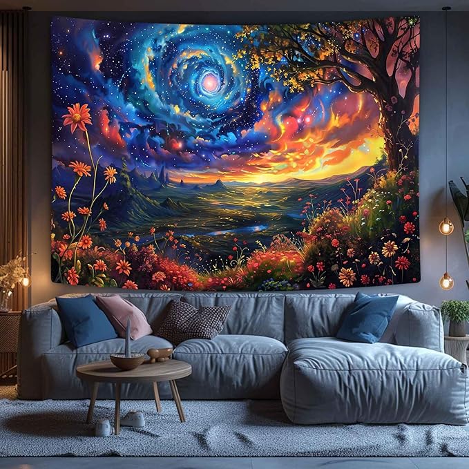 Trippy Space Tapestry, Starry Sky Tapestry, Colorful Mountains and Forests Flowers Tapestry, Beautiful Natural Scenery Tapestry, Bedroom Livingroom Abstract Art Oil Painting Wall Hanging,40x30 Inches.