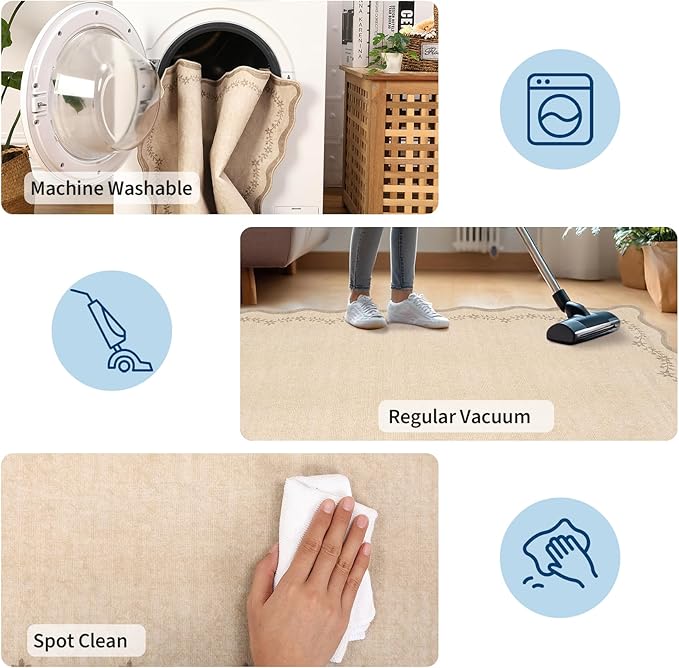 GarveeHome Round Area Rugs 5ft for Bedroom, Solid Jute Washable Circle Rug Soft Non Slip Floral Print Floor Mat Tan Carpet Indoor Thin Rug for Kids Room Dining Room Playroom Nursery