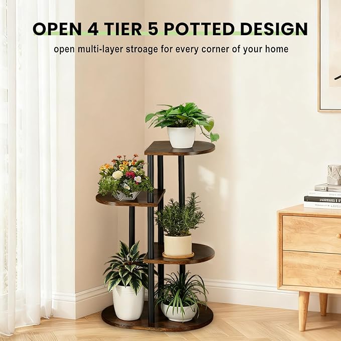 Tiered Plant Stand Indoor, Tall 4 Tier 5 Potted Wooden Plant Shelf for Multiple Flower Plants, Multi Corner Metal Plant Holder Indoor for Patio Garden Patent Design Living Room Balcony Bedroom, Rustic Brown
