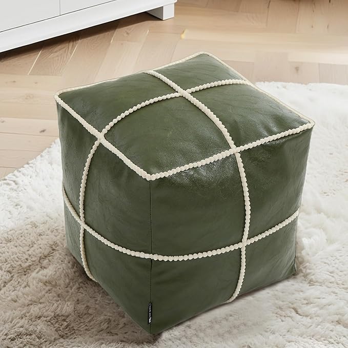 Louis Donné Square Unstuffed Pouf Ottoman Cover - Waterproof Faux Leather Footstool for Living Room, Moroccan Boho Poufs Foot Rest with Storage, Easy Clean, 18 Inch, Green（Only Cover No Filler