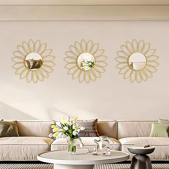 3 Pack Metal Mirrors for Wall Sunburst Wall Mirrors Home Décor Decorative Hanging Wall Art for Living Room Bedroom Entryway (Gold2, Flowers)