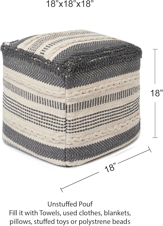 REDEARTH · UNSTUFFED Pouf Ottoman Cover Textured Cube Bean Bag Poof Pouffe Footrest for Living Room, Bedroom, Patio, Gym; 100% Cotton (18"X18"X18", Precis Descant Gray)