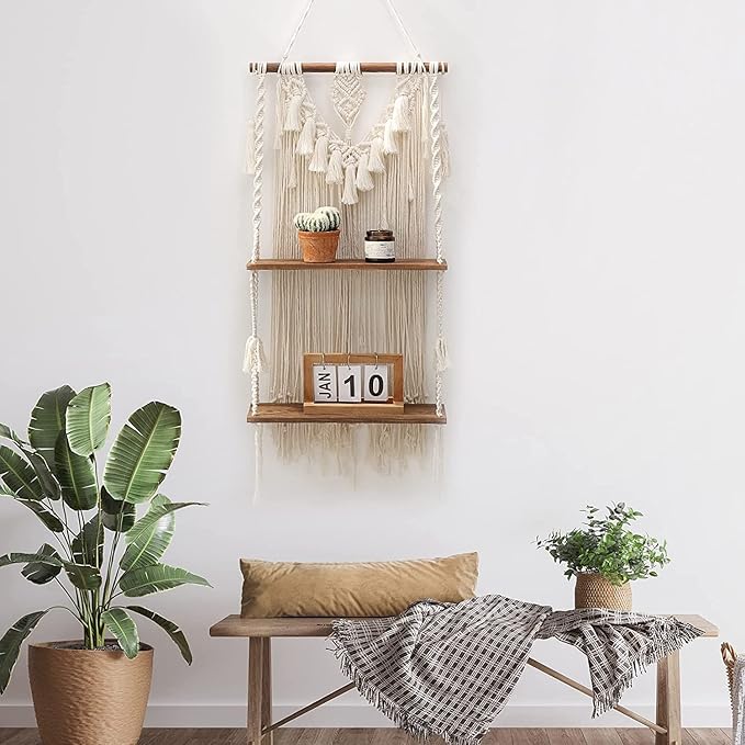 ANROYE 2 Tier Macrame Boho Wall Hanging Shelf, Handmade Bohemian Wooden Woven Plant Floating Shelves Decor, Decorative Chic Organizer for Bathroom Women Bedroom Girl Nursery Storage