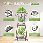 iDavosic.ly 3 Tier Metal Plant Stand Indoor Outdoor, Wrought Iron Corner Tall Flower Pot Holder Shelf, 34 Inch Vertical Heavy Duty Display Rack for Patio Porch Living Room Garden, Bronze