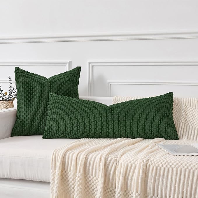 Kevin Textile 20x54 Inch Long Body Lumbar 1 Pack Boho Decorative Throw Pillow Cover Soft Striped Corduroy Rectangle Cushion Case Farmhouse Accent for Living Room Couch Sofa Bed, Dark Green