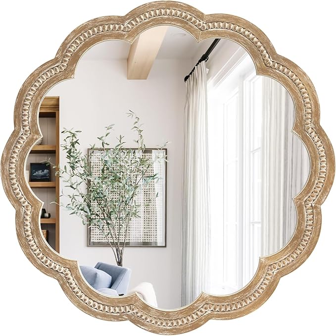 24 Inch Round Wall Mirror, Antique Brown Solid Wood Frame with Scalloped Edge & Beaded Trim, Vintage Farmhouse Mirror for Bathroom, Bedroom, Living Room