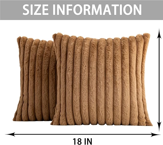 Pack of 2 Faux Fur Christmas Throw Pillow Covers 18x18 Inch, Soft Plush Striped Neutral Couch Pillow Cover, with Velvet Back Modern Home Decor for Sofa Living Room Couch Bed Coffee