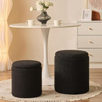 Round Ottoman with Storage Set of 2 - Upholstered Sherpa Vanity Stool for Makeup Multifunctional Ottomans Coffee Table Padded Seat Foot Rest for Living Room & Bedroom (Sherpa, Black)