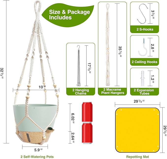 Set of 2 Hanging Planters for Indoor Plants with Self Watering Includes Hanging Pots and 2 Types Plant Hangers, Outdoor Hanging Baskets Holder for Home Garden, 10 Inch Sage Green