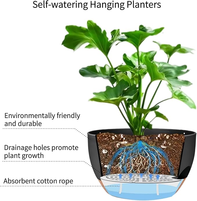 12 Inch Self Watering Hanging Planters 2 Pack, Indoor Outdoor Hanging Pots for Plants with Drainage Holes & Saucers, Black Brown Plastic Hanging Baskets for Kitchen Balcony Garden