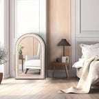 36 x 24 Inch Arched Wall Mirror with Beaded Wood Frame, Boho Farmhouse Decorative Arch Mirrors for Bathroom Over Sink, Living Room, Entryway