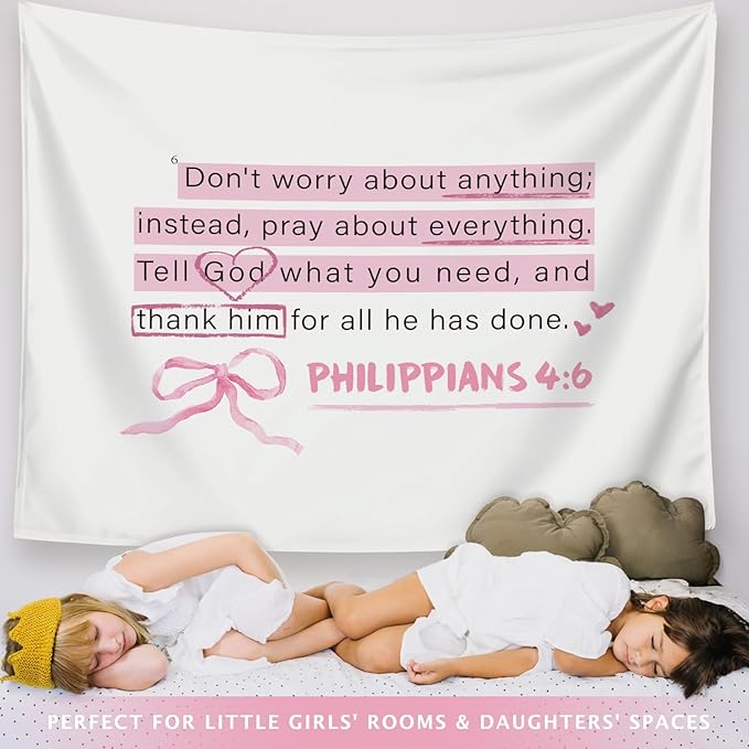 LIANGW Cute Pink Christian Tapestry Aesthetic for Bedroom, Dorm Decor for College Girls,Coquette Preppy Room Decor for Teen Girls & Women, Bible Verses Tapestries Wall Hanging 50x60 inche