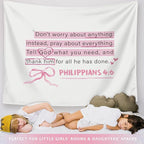 LIANGW Cute Pink Christian Tapestry Aesthetic for Bedroom, Dorm Decor for College Girls,Coquette Preppy Room Decor for Teen Girls & Women, Bible Verses Tapestries Wall Hanging 50x60 inche