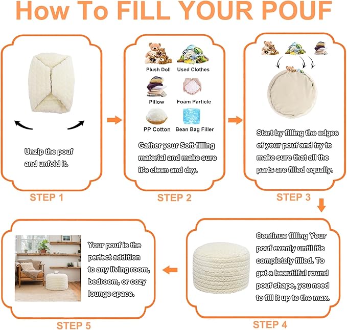 Asuprui 20x14 Inch Unstuffed Ottoman Pouf Cover – Lightweight Foot Rest, Floor Bean Bag Chair, Storage Pouf for Living Room, Bedroom & Balcony (Filler Not Included) (Cream)