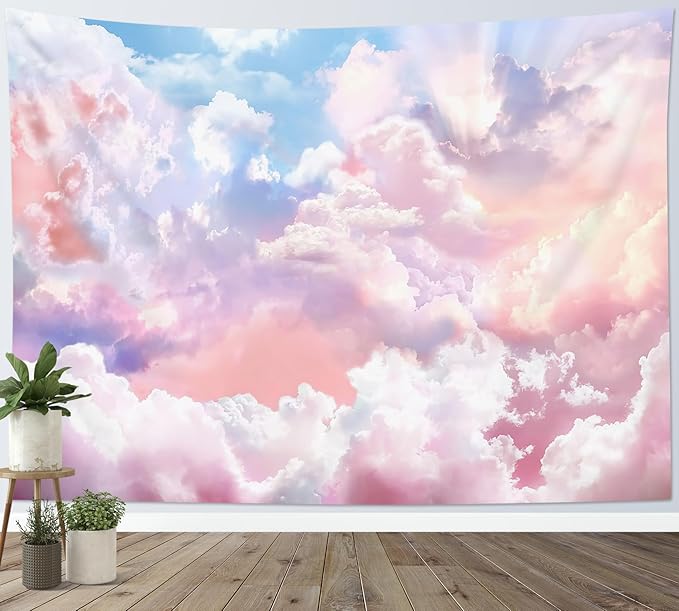 HVEST Pink Cloud Tapestry Blue Sky Abstract Cloud Pink Aesthetic Tapestry for Bedroom Living Room Cute Room Decoration for Women Girls Room Dorm Apartment, 80x60 Inches